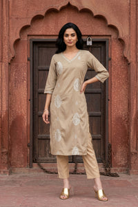 Beige Embroidered Straight Kurta