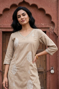 Beige Embroidered Straight Kurta