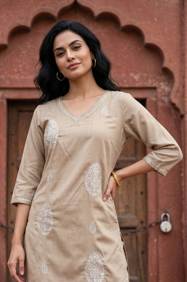 Beige Embroidered Straight Kurta
