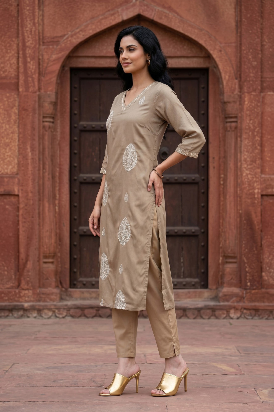 Beige Embroidered Straight Kurta