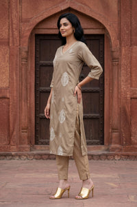 Beige Embroidered Straight Kurta