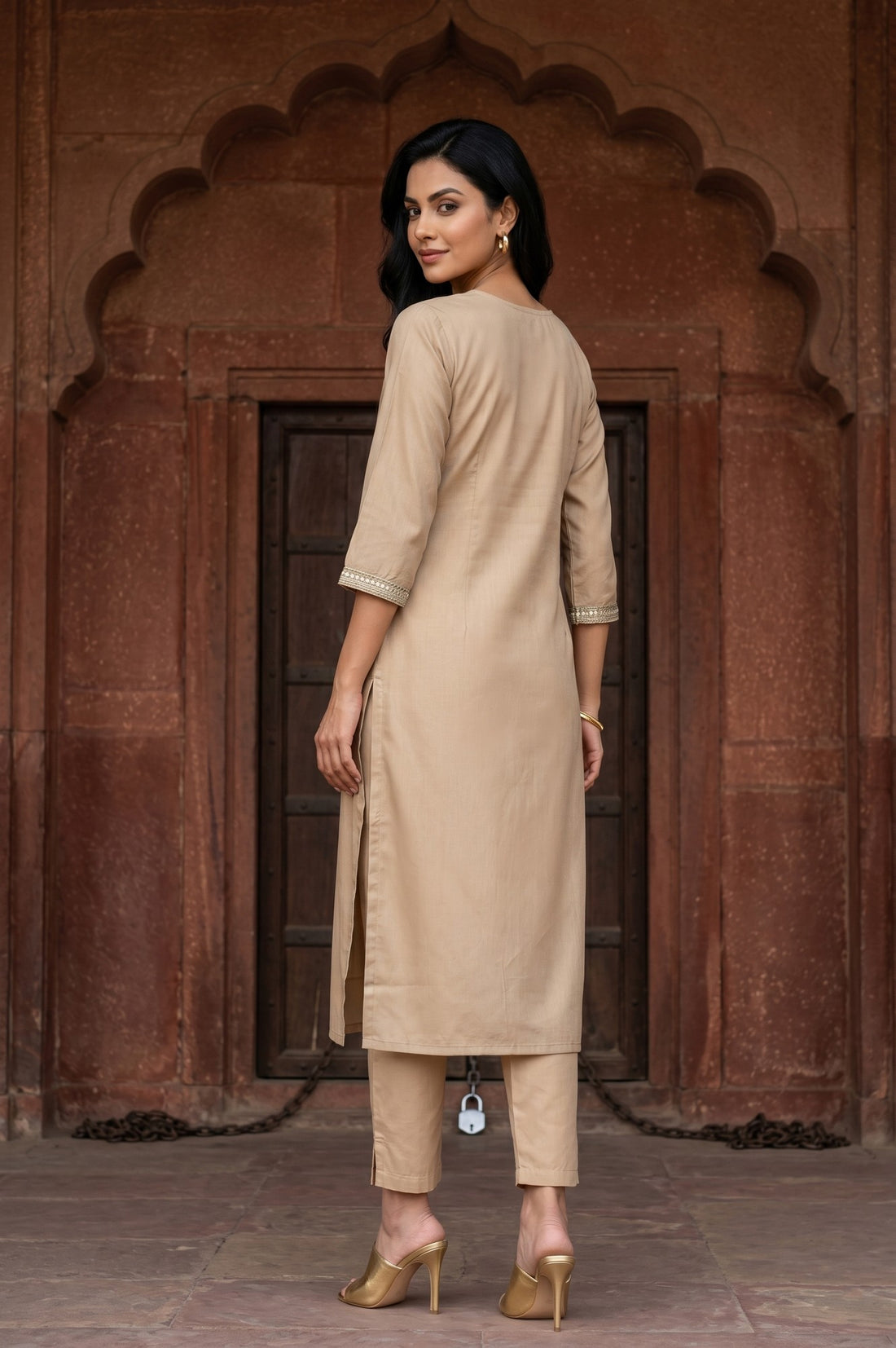 Beige Embroidered Straight Kurta