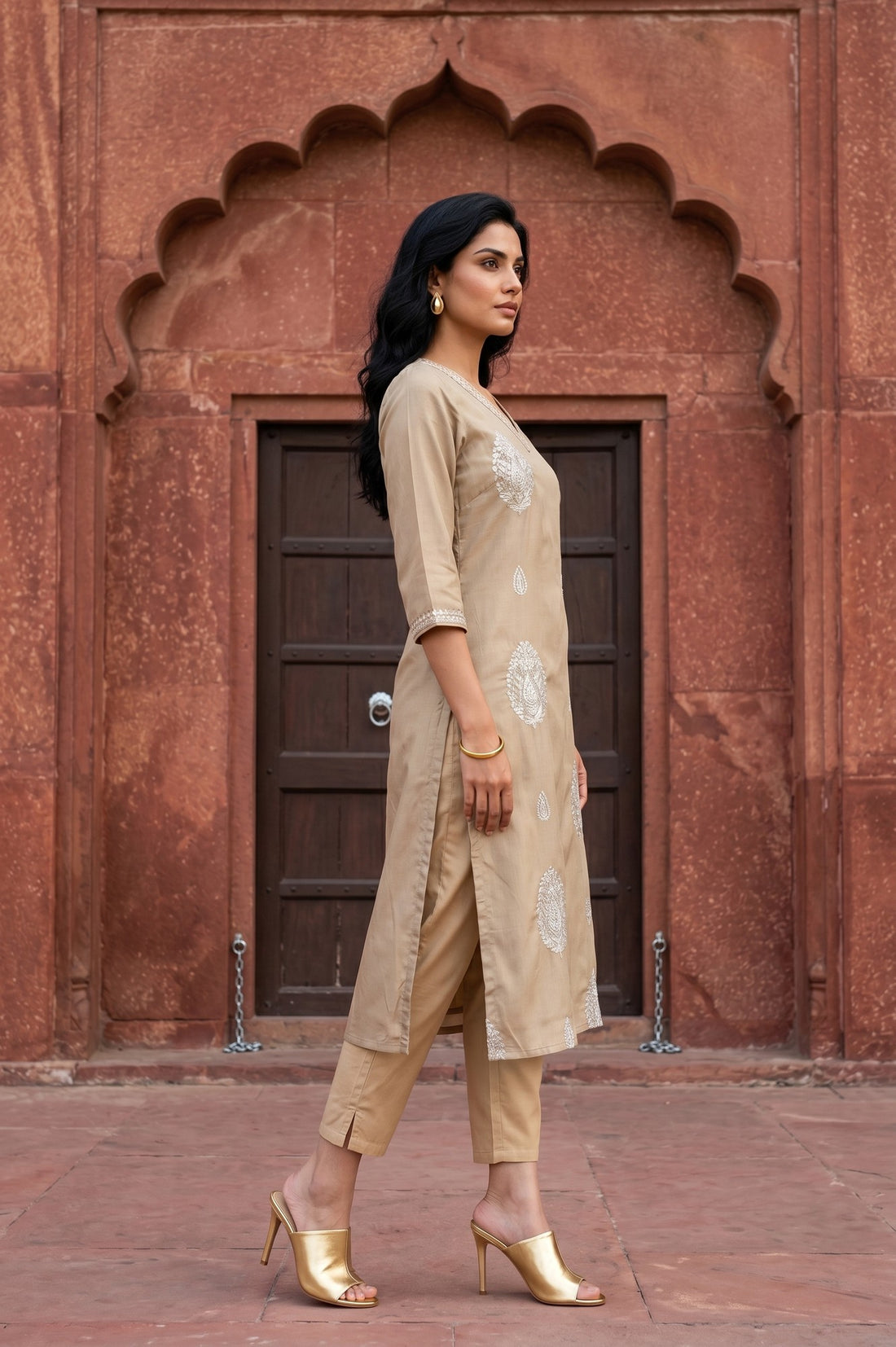 Beige Embroidered Straight Kurta