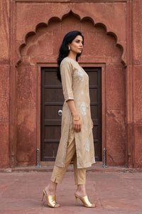 Beige Embroidered Straight Kurta