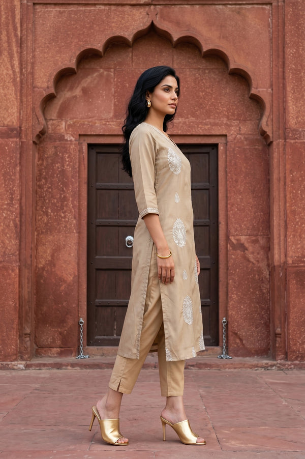 Beige Embroidered Straight Kurta