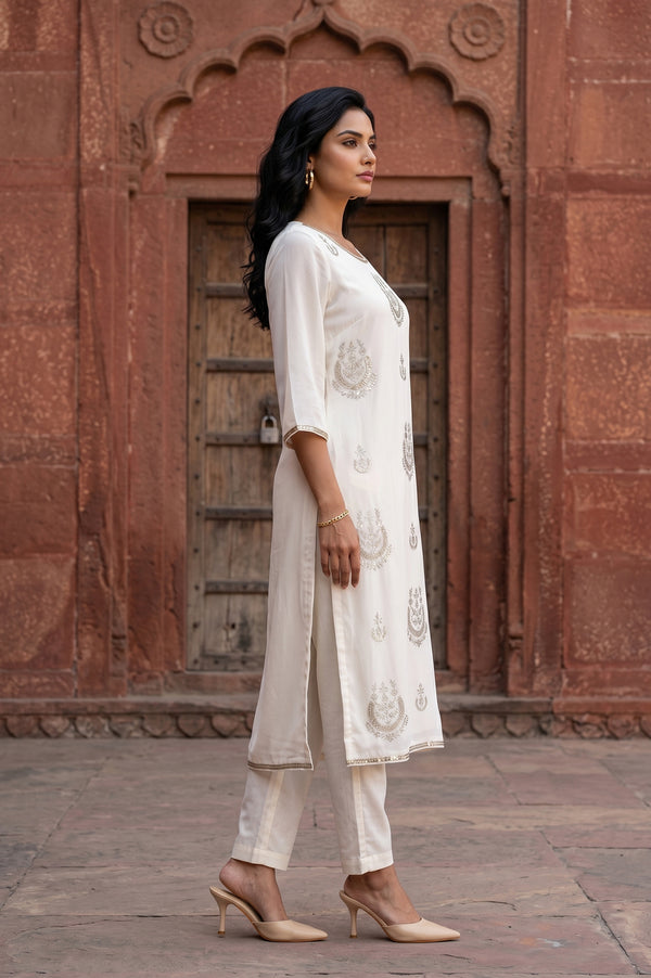 Off White Embroidered Straight Kurta