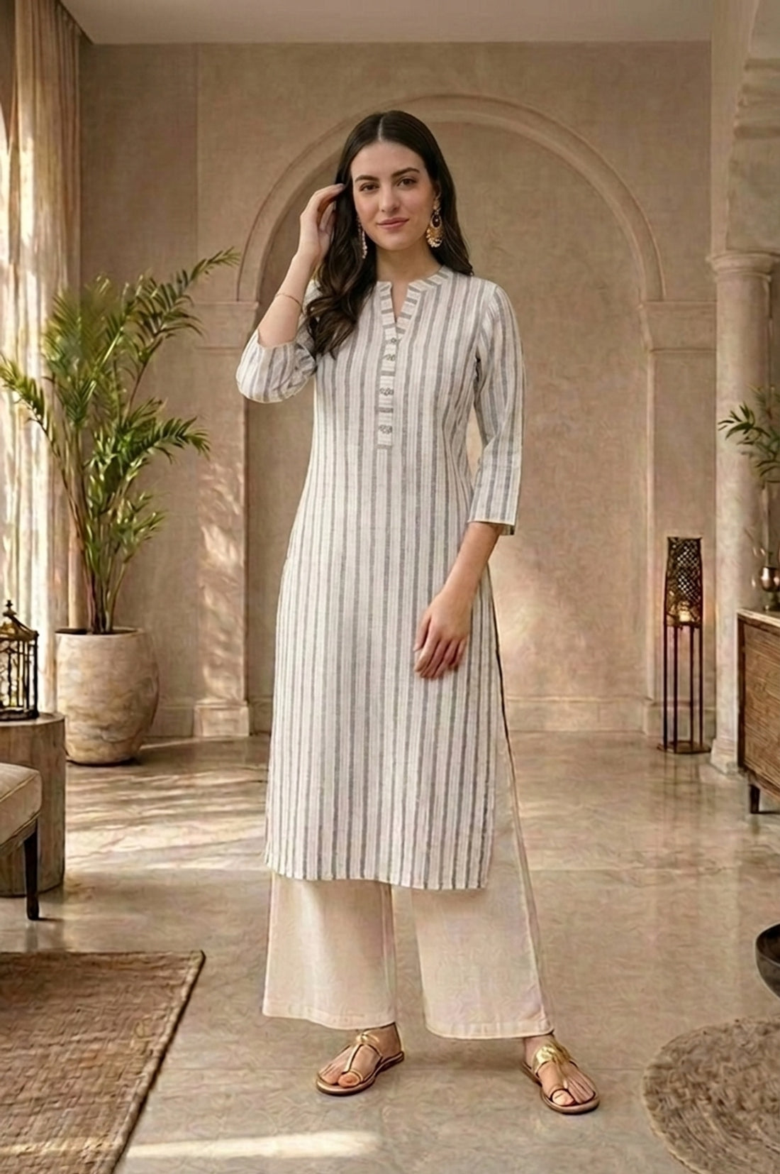 Off White Yarn Dyed Cotton Lurex Straight Kurta