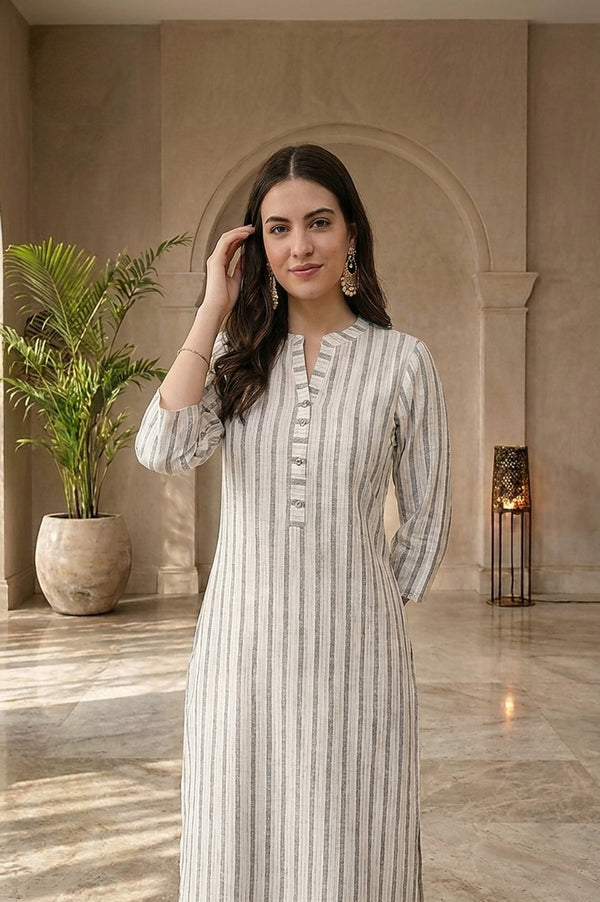 Off White Yarn Dyed Cotton Lurex Straight Kurta