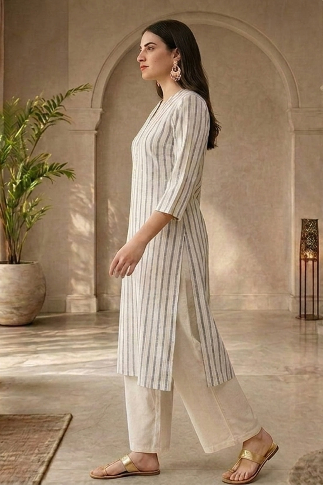 Off White Yarn Dyed Cotton Lurex Straight Kurta