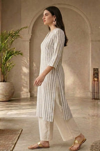 Off White Yarn Dyed Cotton Lurex Straight Kurta