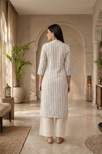 Off White Yarn Dyed Cotton Lurex Straight Kurta