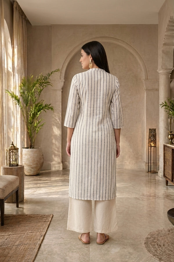 Off White Yarn Dyed Cotton Lurex Straight Kurta