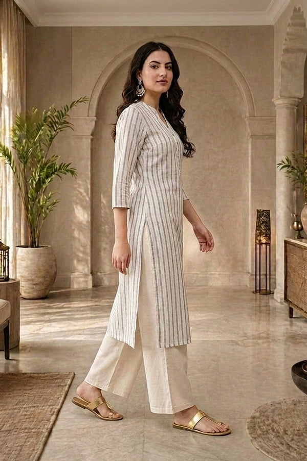 Off White Yarn Dyed Cotton Lurex Straight Kurta