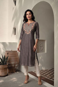 Grey Yarn Dyed Zari Embroidered Chanderi Straight Kurta