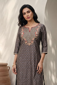 Grey Yarn Dyed Zari Embroidered Chanderi Straight Kurta