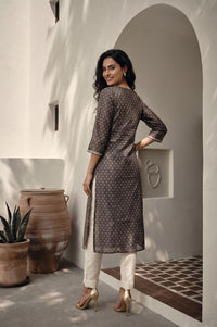 Grey Yarn Dyed Zari Embroidered Chanderi Straight Kurta