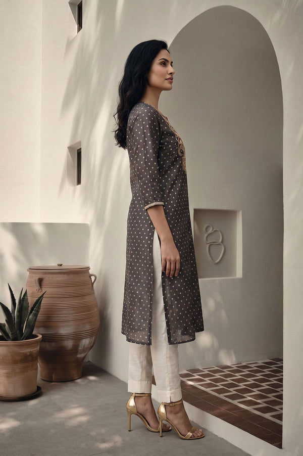 Grey Yarn Dyed Zari Embroidered Chanderi Straight Kurta