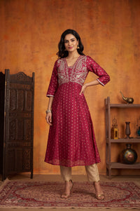Maroon Yarn Dyed Zari Embroidered Chanderi Buta Flared Kurta