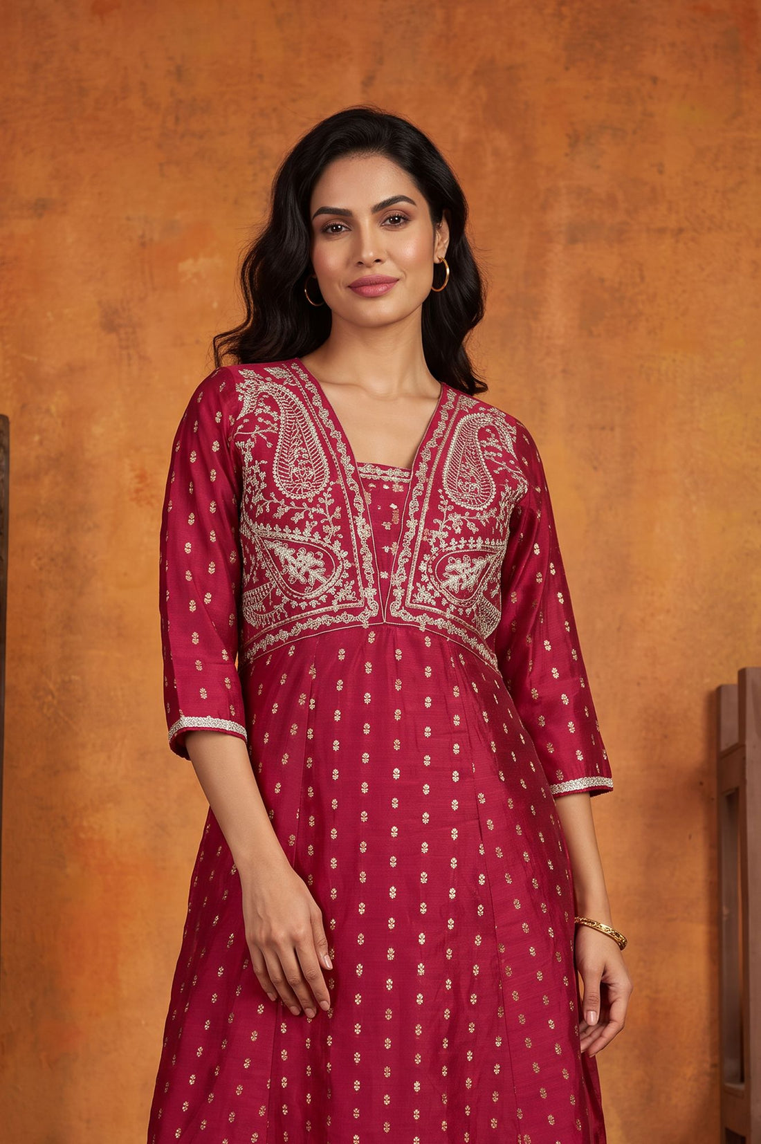 Maroon Yarn Dyed Zari Embroidered Chanderi Buta Flared Kurta
