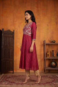 Maroon Yarn Dyed Zari Embroidered Chanderi Buta Flared Kurta