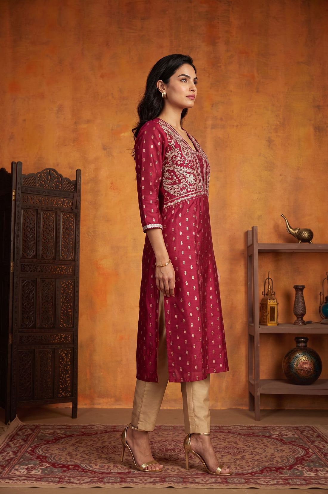 Maroon Yarn Dyed Zari Embroidered Chanderi Buta Flared Kurta