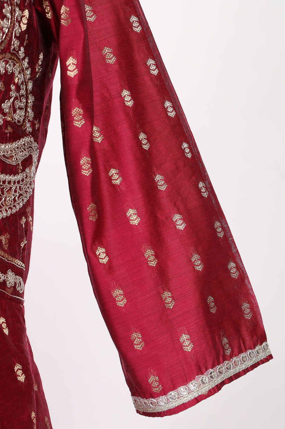 Maroon Yarn Dyed Zari Embroidered Chanderi Buta Flared Kurta
