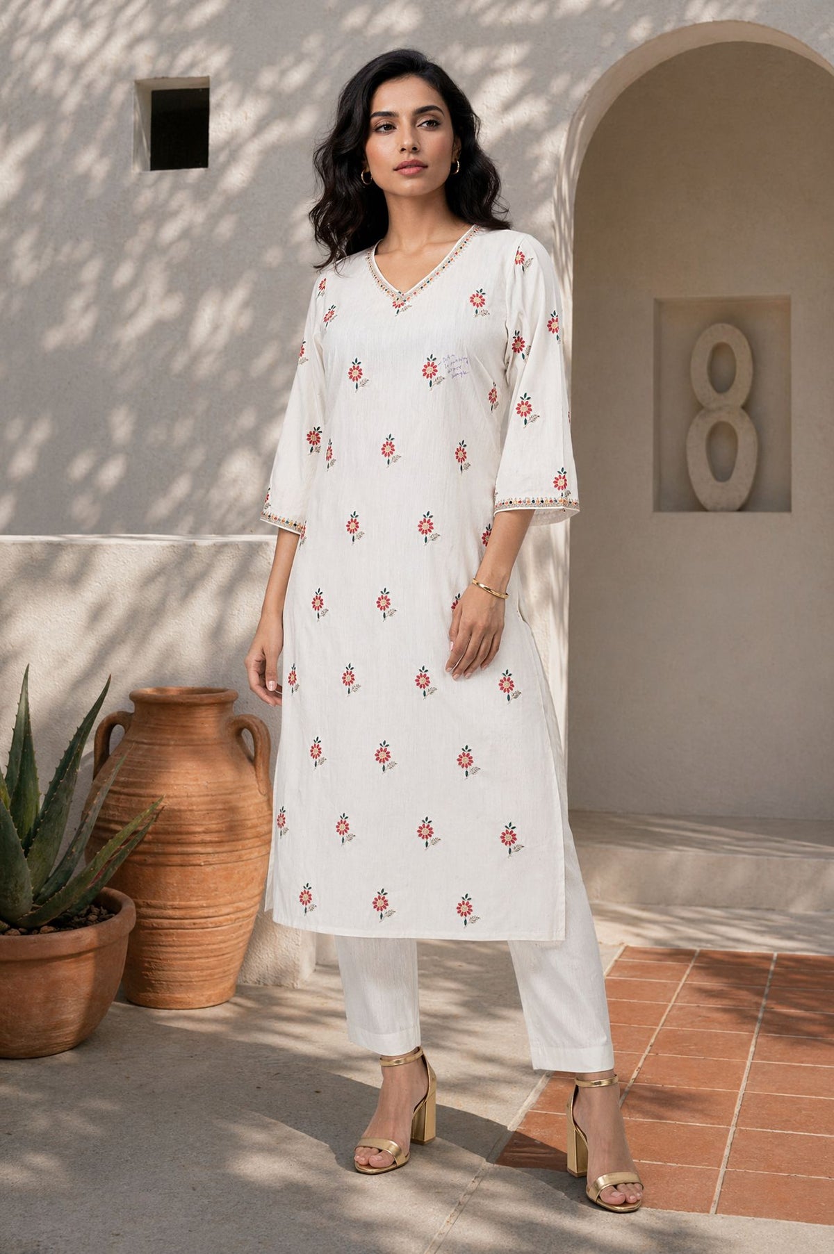 Off White Floral Printed Embroidered Straight Kurta - XXL