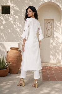 Off White Floral Printed Embroidered Straight Kurta