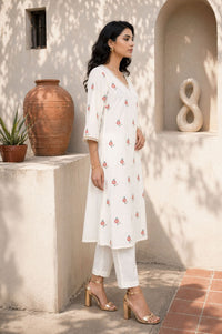 Off White Floral Printed Embroidered Straight Kurta