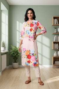 Pink Floral Printed Rayon Straight Kurta