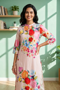 Pink Floral Printed Rayon Straight Kurta