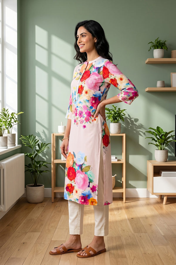 Pink Floral Printed Rayon Straight Kurta