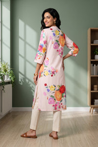 Pink Floral Printed Rayon Straight Kurta
