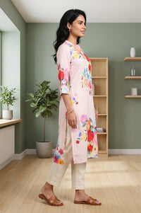 Pink Floral Printed Rayon Straight Kurta