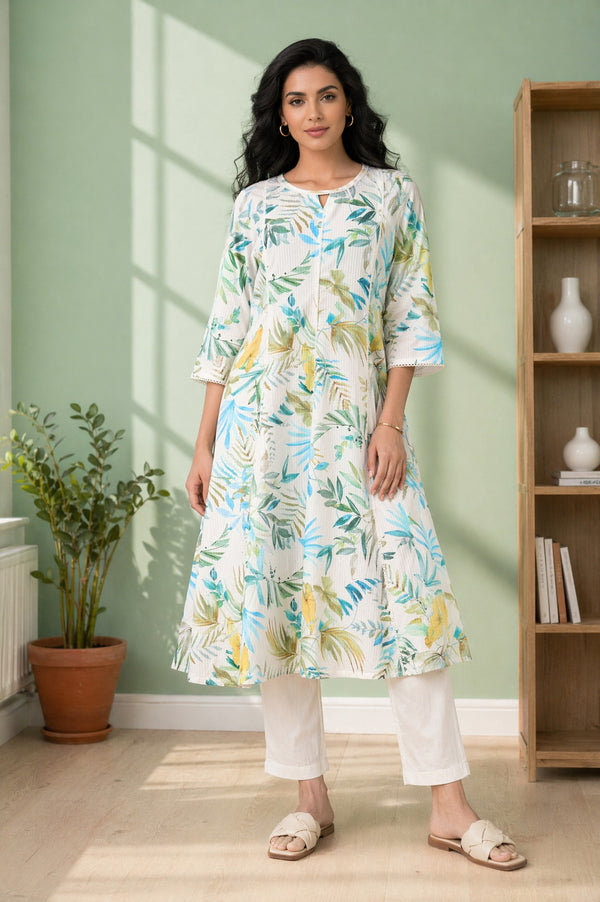 Aurelia Women's Off White Floral Printed Pure Cotton A-line Kurta with Lace