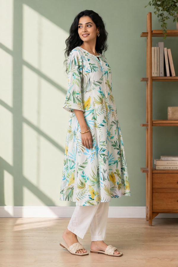Aurelia Women's Off White Floral Printed Pure Cotton A-line Kurta with Lace