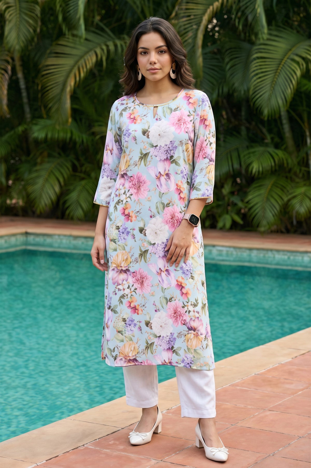 Aurelia Women's Light Blue Floral Printed Embroidered Rayon Straight Kurta - S