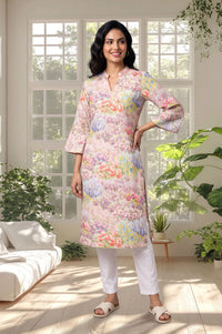 White Floral Printed Chanderi Straight Kurta