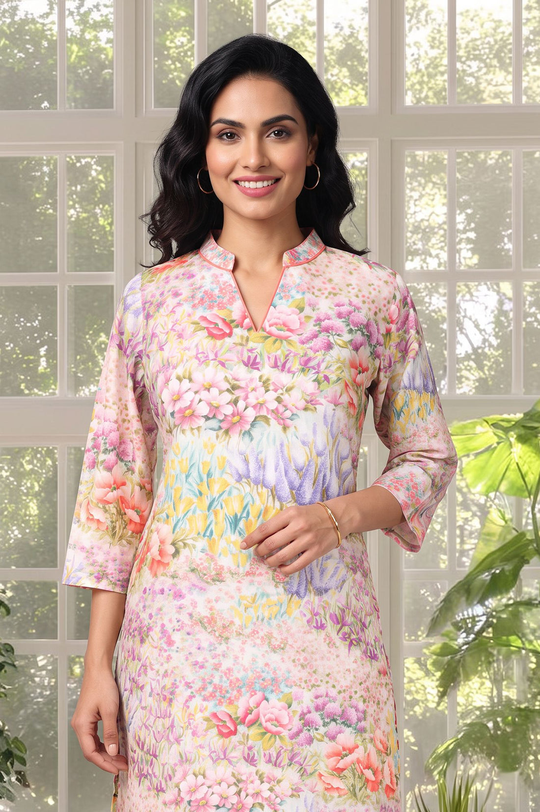 White Floral Printed Chanderi Straight Kurta