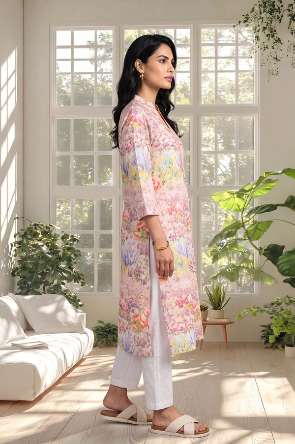 White Floral Printed Chanderi Straight Kurta