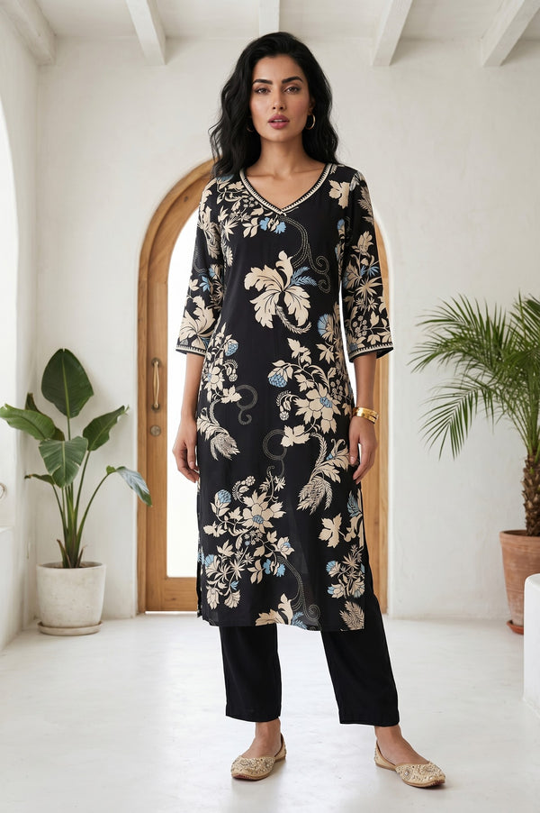 Black Floral Printed Rayon Straight Kurta