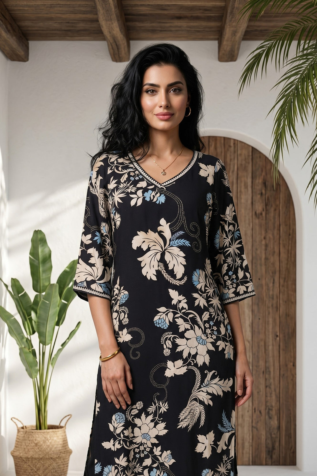 Black Floral Printed Rayon Straight Kurta