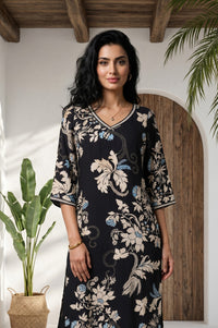 Black Floral Printed Rayon Straight Kurta