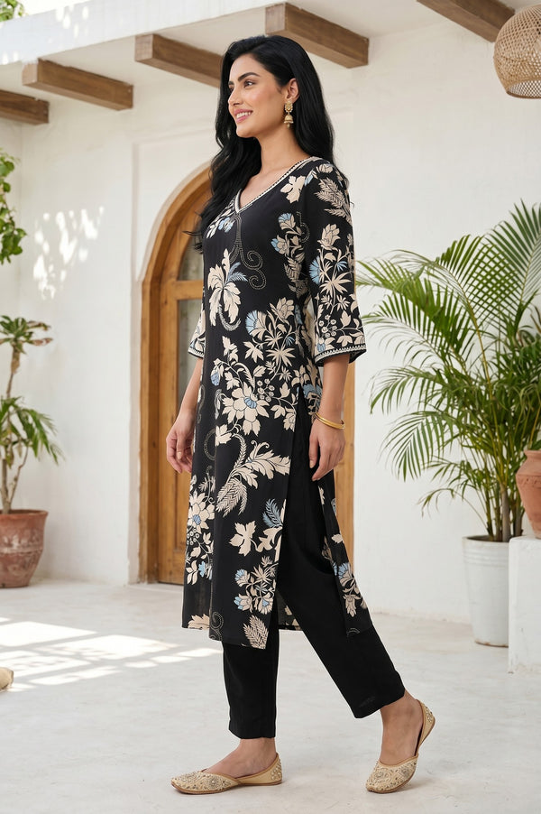 Black Floral Printed Rayon Straight Kurta