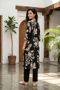 Black Floral Printed Rayon Straight Kurta