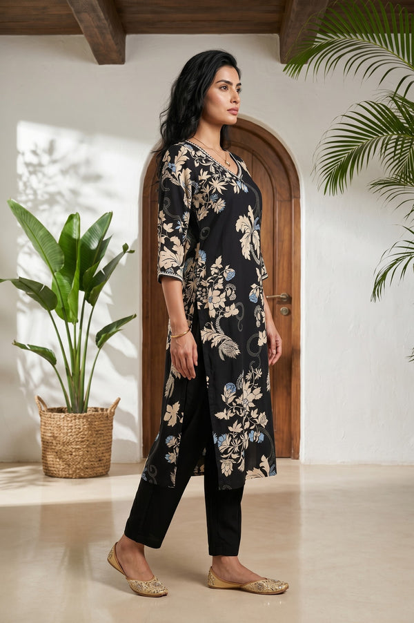 Black Floral Printed Rayon Straight Kurta