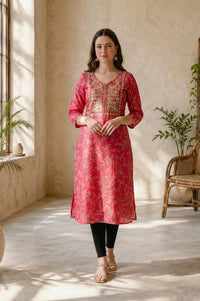 Pink Floral Printed Embroidered Straight Kurta