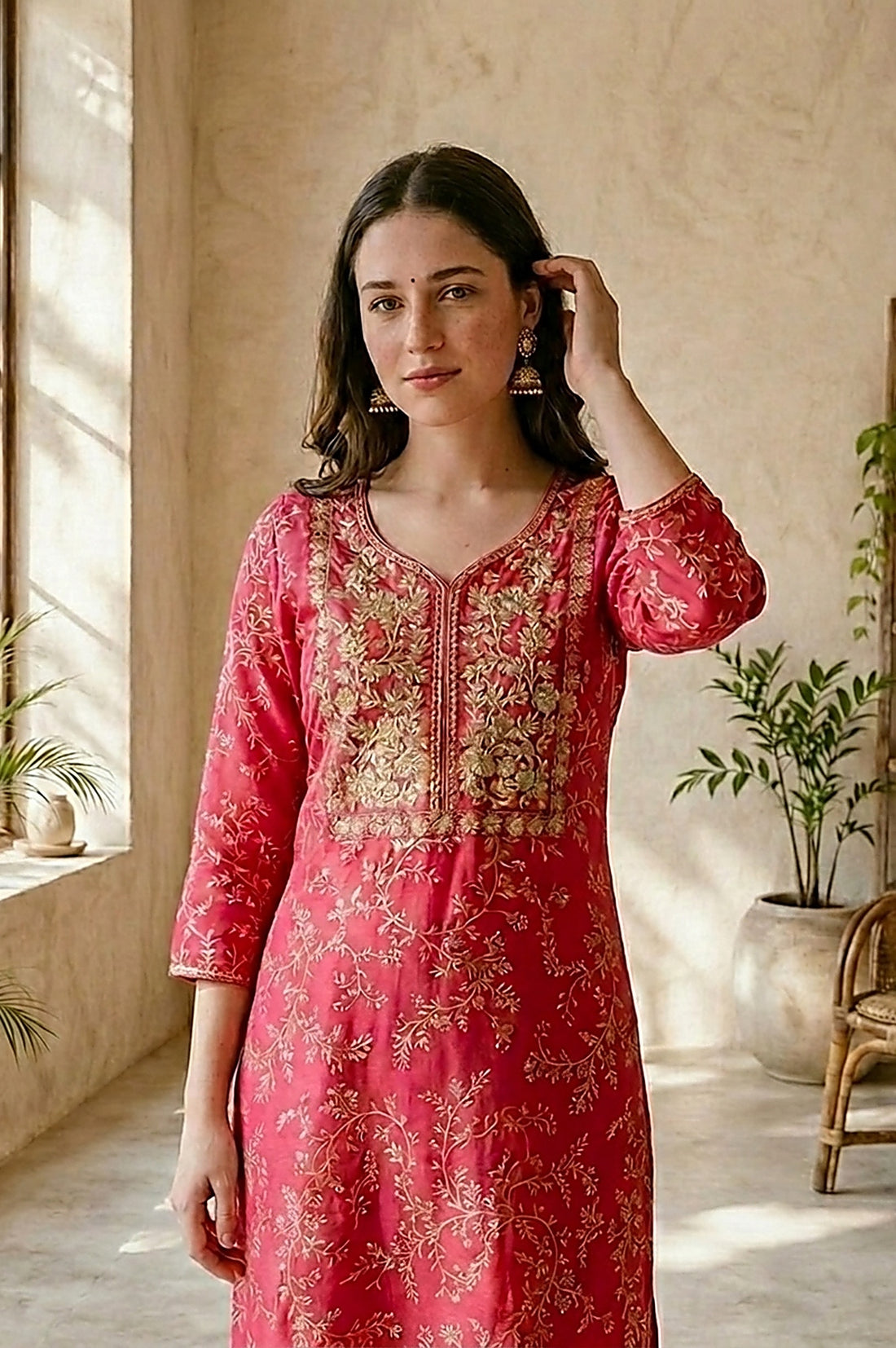 Pink Floral Printed Embroidered Straight Kurta