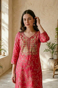 Pink Floral Printed Embroidered Straight Kurta