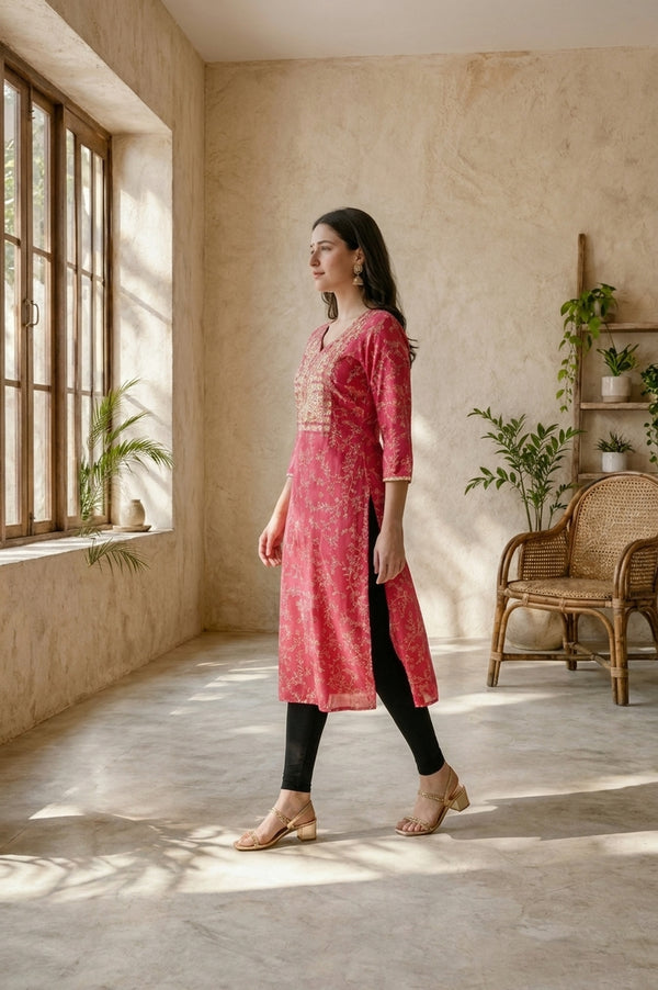 Pink Floral Printed Embroidered Straight Kurta